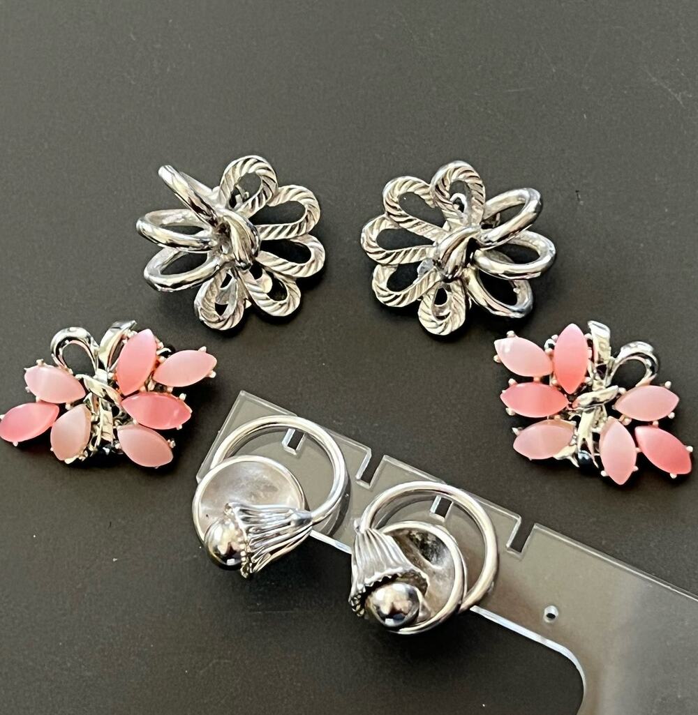 Vintage Cora Lot of 3 Clip On Earring Sliver Tone Pink Flower 3D Spiral Estate